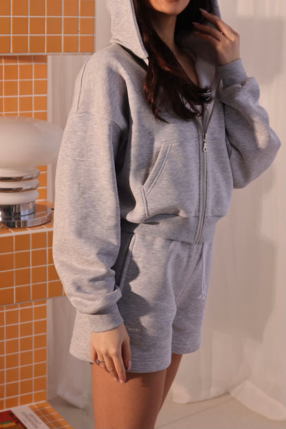 MELANGE HOODED CROP ZIP
