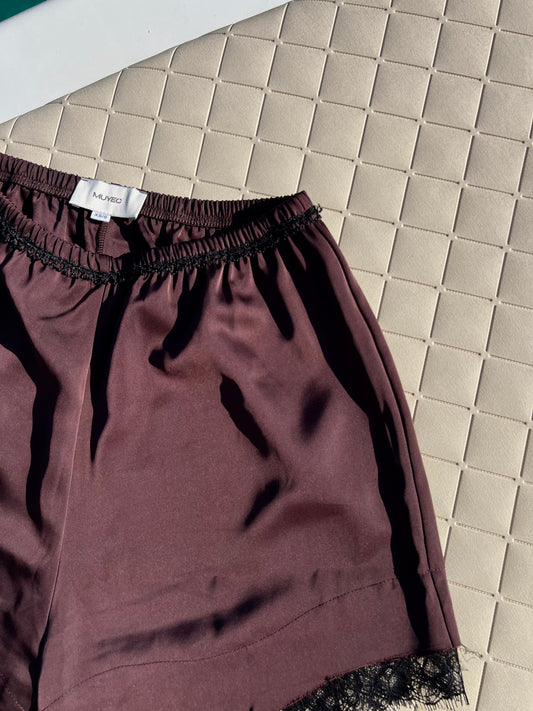 SATIN LACE SHORTS - ESPRESSO