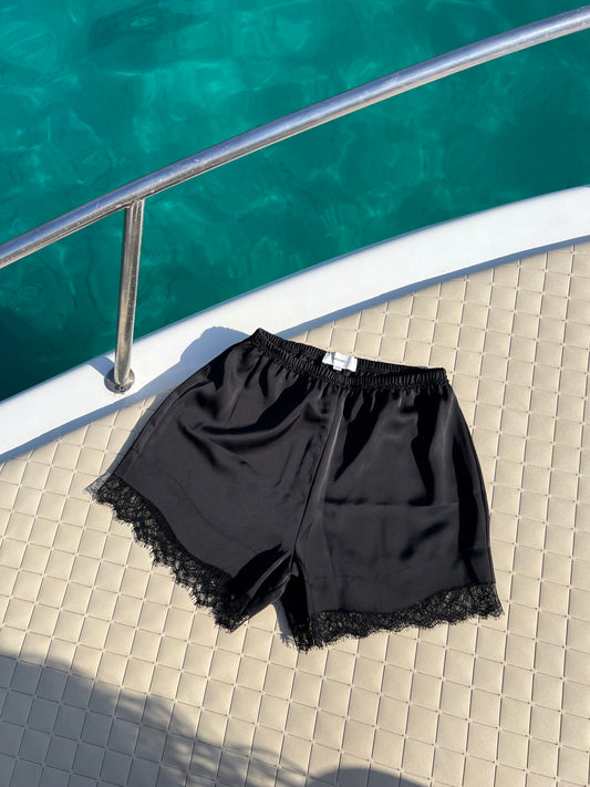 SATIN LACE SHORTS - BLACK