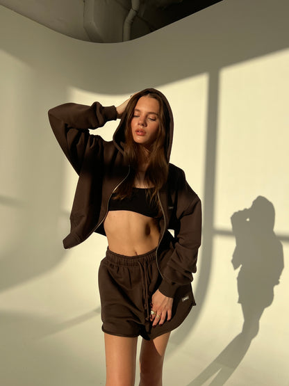 CROPPED ZIP HOODIE IN BLACK COFFEE